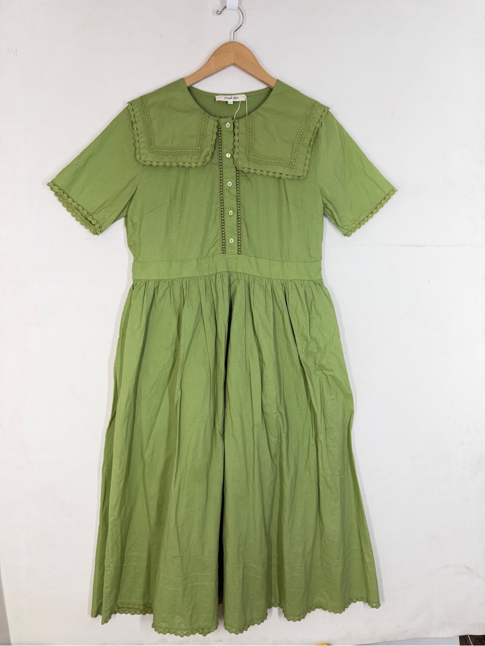 Simple Retro Womens Green Lace Trim Sailor Collar Cotton Midi Dress L Peasant
